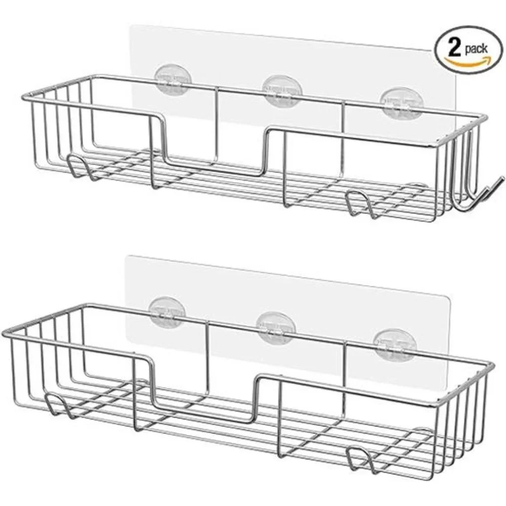 Adhesive Shower Caddy Basket Rack with Hooks, Shower Shelf Wall Mounted